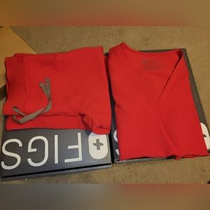 Figs Pop Red Small Petite Kade Pants and Medium Casma Scrub Top